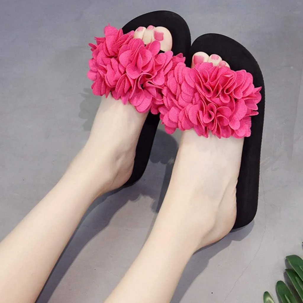 MIOKE Womens Boho Flowers Wedge Slide Sandals Summer Platform Comfort Nonslip High Heel Beach Sandals