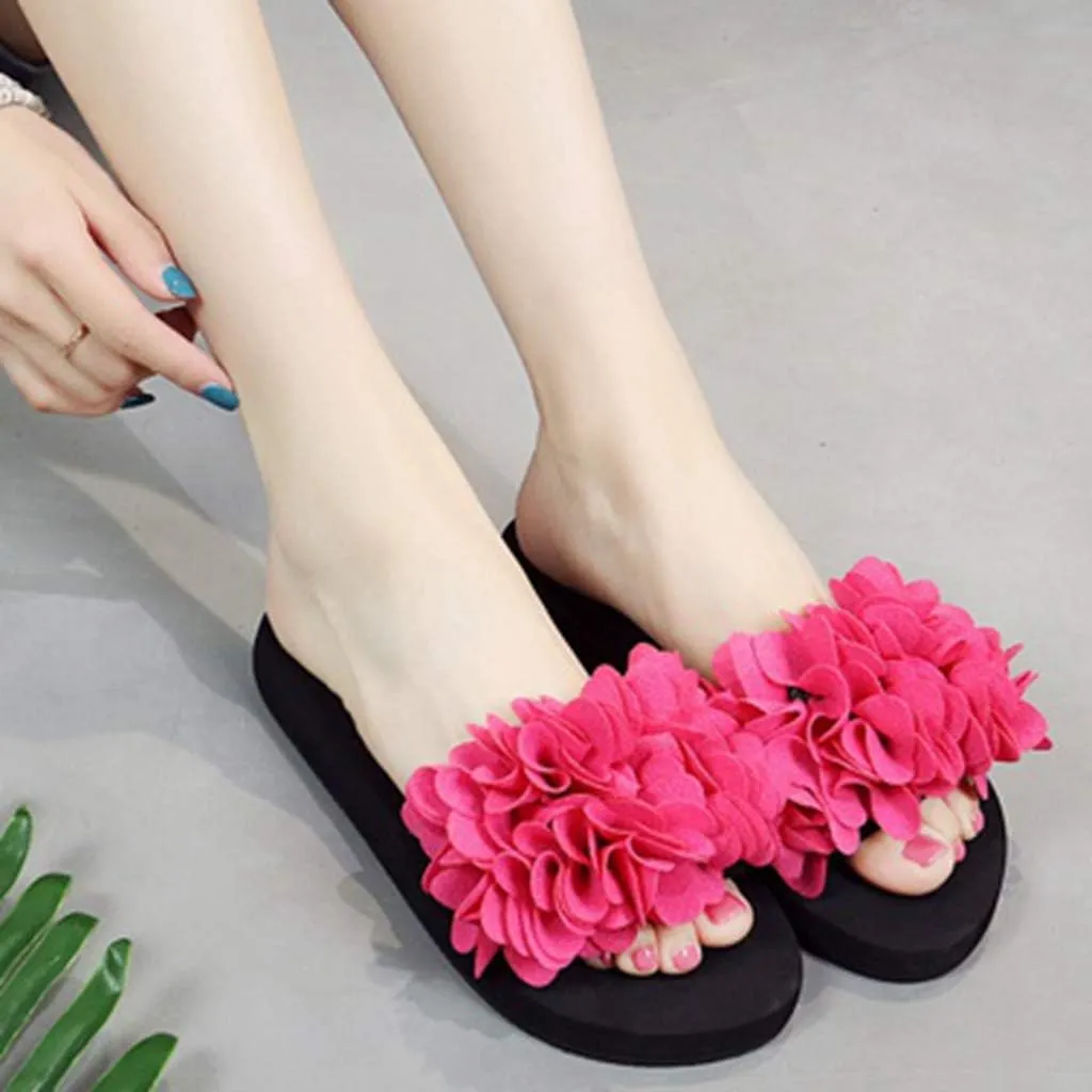 MIOKE Womens Boho Flowers Wedge Slide Sandals Summer Platform Comfort Nonslip High Heel Beach Sandals