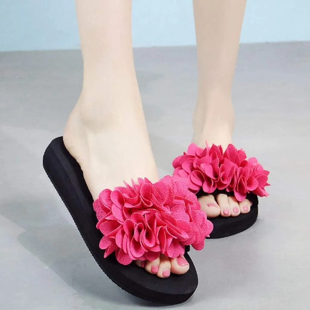 MIOKE Womens Boho Flowers Wedge Slide Sandals Summer Platform Comfort Nonslip High Heel Beach Sandals