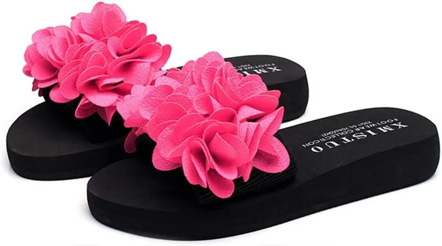MIOKE Womens Boho Flowers Wedge Slide Sandals Summer Platform Comfort Nonslip High Heel Beach Sandals
