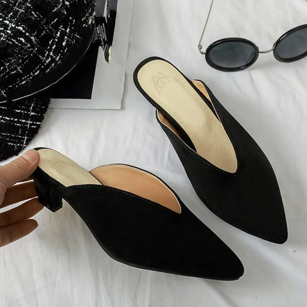 MIOKE Women's Pointed Toe Block Low Heel Mules Pearl Slip On Loafer Backless Comfy Dress Pump Slide Shoes