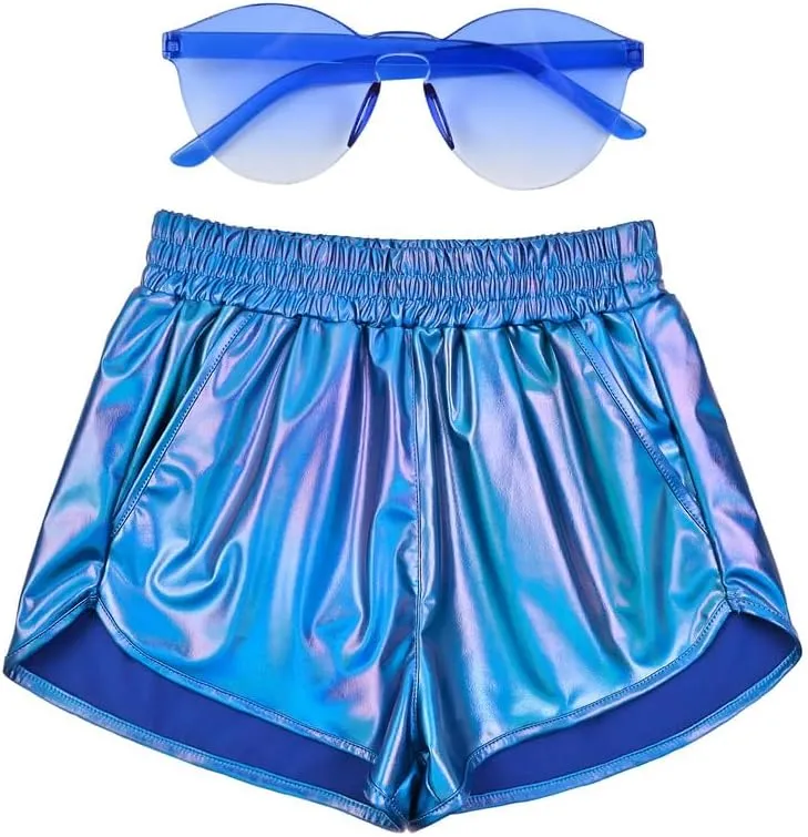 Mirawise Women's Metallic Shorts Summer Yoga Hot Shiny Sparkly Outfit Short Pants with Sunglasses