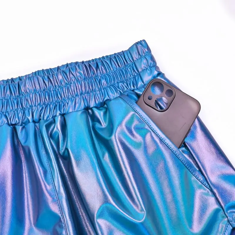 Mirawise Women's Metallic Shorts Summer Yoga Hot Shiny Sparkly Outfit Short Pants with Sunglasses