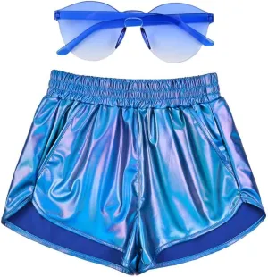 Mirawise Women's Metallic Shorts Summer Yoga Hot Shiny Sparkly Outfit Short Pants with Sunglasses