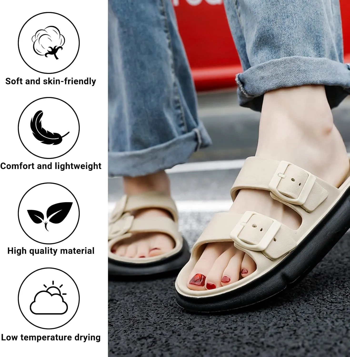 Mnplciea Women's Comfort Adjustable Double Buckle Flat Sandals Lightweight Footbed Slip on EVA Slippers