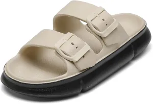 Mnplciea Women's Comfort Adjustable Double Buckle Flat Sandals Lightweight Footbed Slip on EVA Slippers
