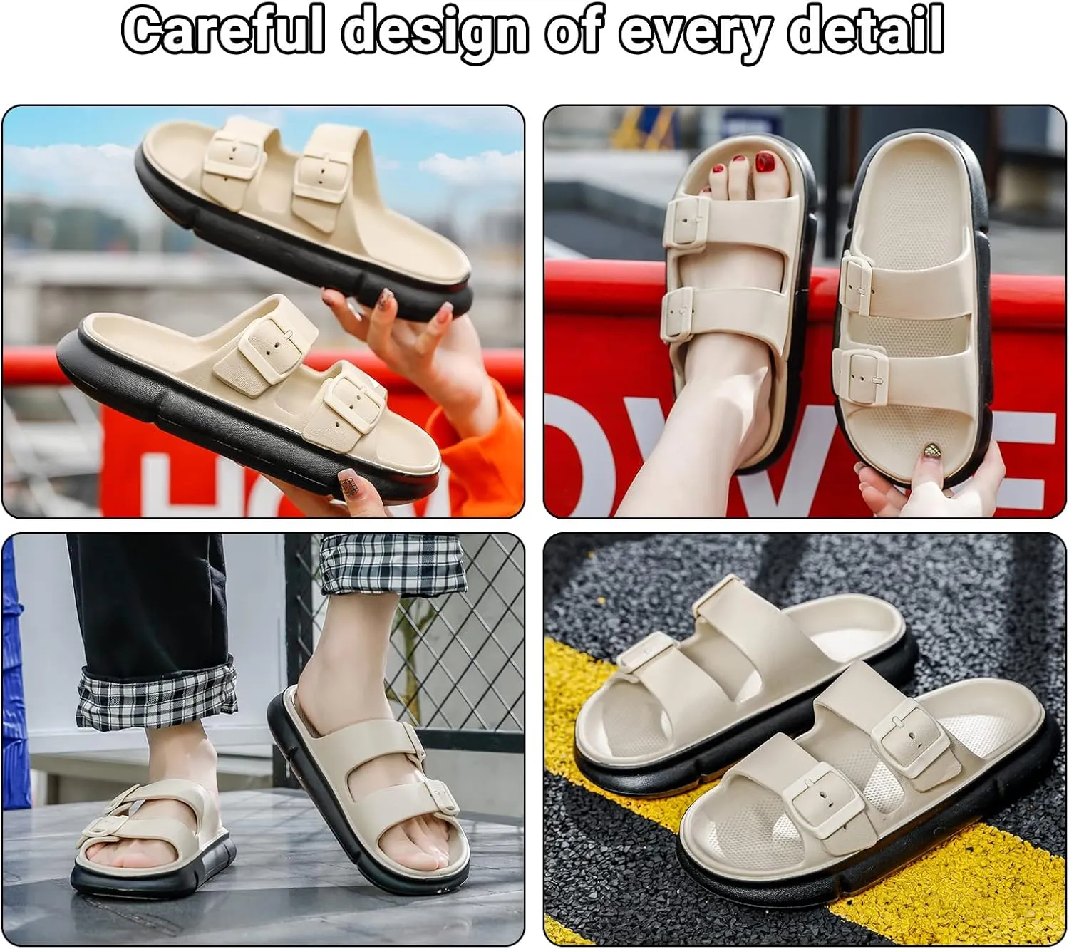 Mnplciea Women's Comfort Adjustable Double Buckle Flat Sandals Lightweight Footbed Slip on EVA Slippers