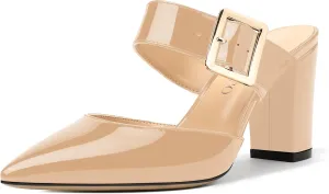 MODENCOCO Women's Patent Strap Pointed Toe Block High Heel Pumps Heeled Slide Sandals Shoes 3.5 Inch