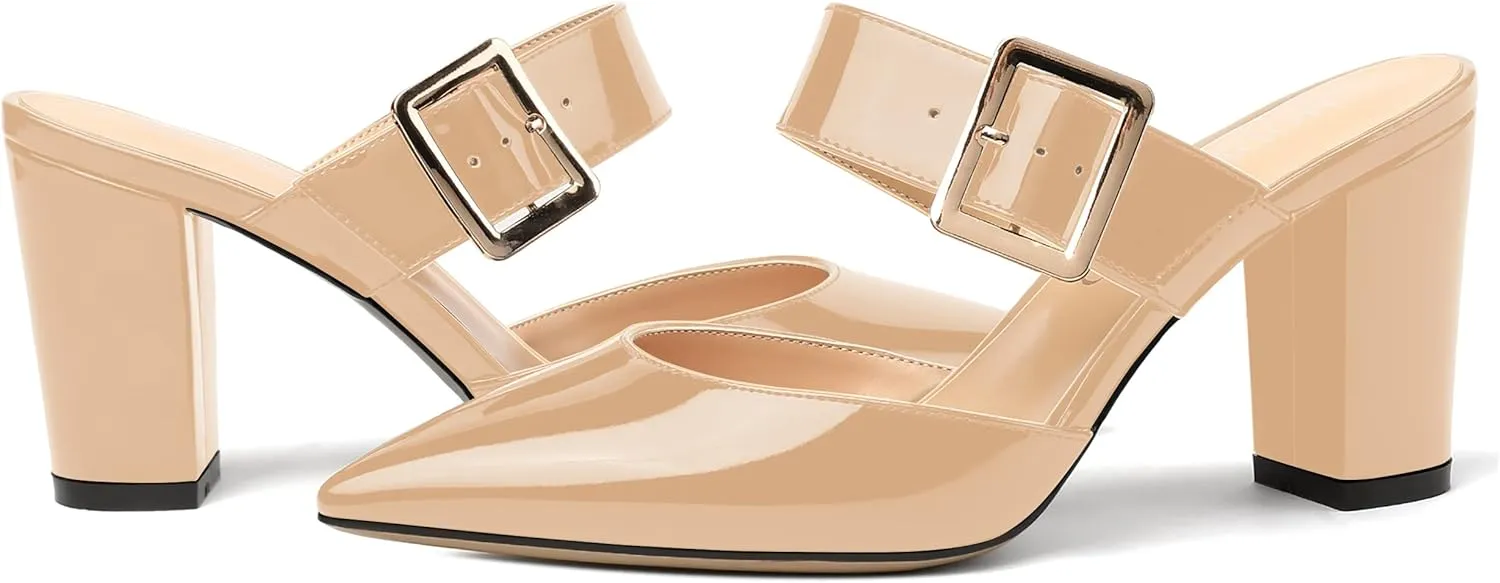 MODENCOCO Women's Patent Strap Pointed Toe Block High Heel Pumps Heeled Slide Sandals Shoes 3.5 Inch