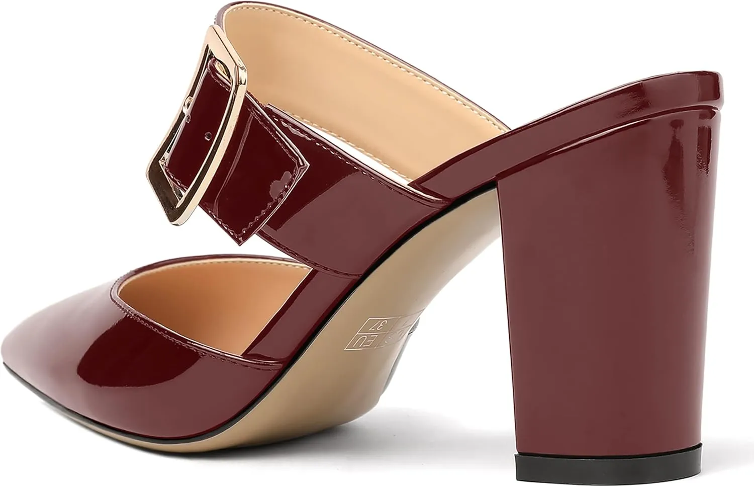 MODENCOCO Women's Patent Strap Pointed Toe Block High Heel Pumps Heeled Slide Sandals Shoes 3.5 Inch
