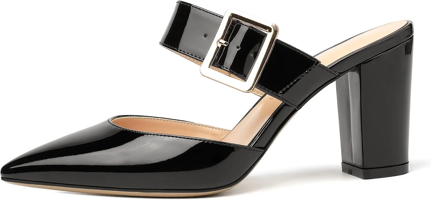 MODENCOCO Women's Patent Strap Pointed Toe Block High Heel Pumps Heeled Slide Sandals Shoes 3.5 Inch