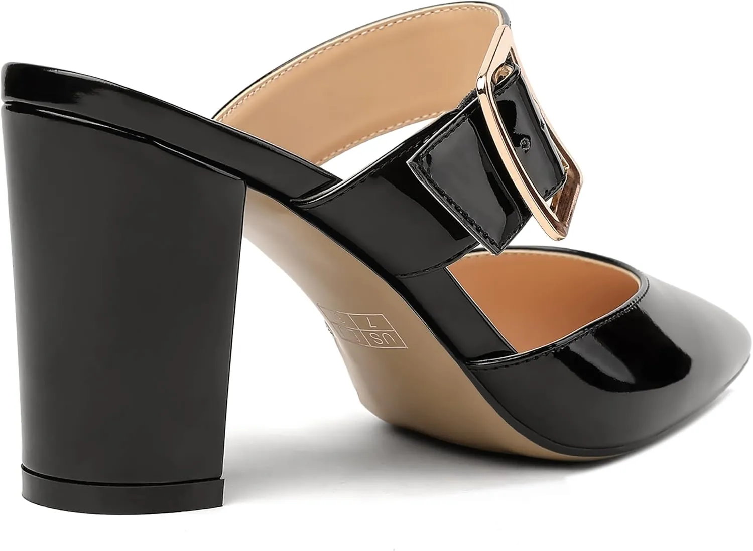 MODENCOCO Women's Patent Strap Pointed Toe Block High Heel Pumps Heeled Slide Sandals Shoes 3.5 Inch