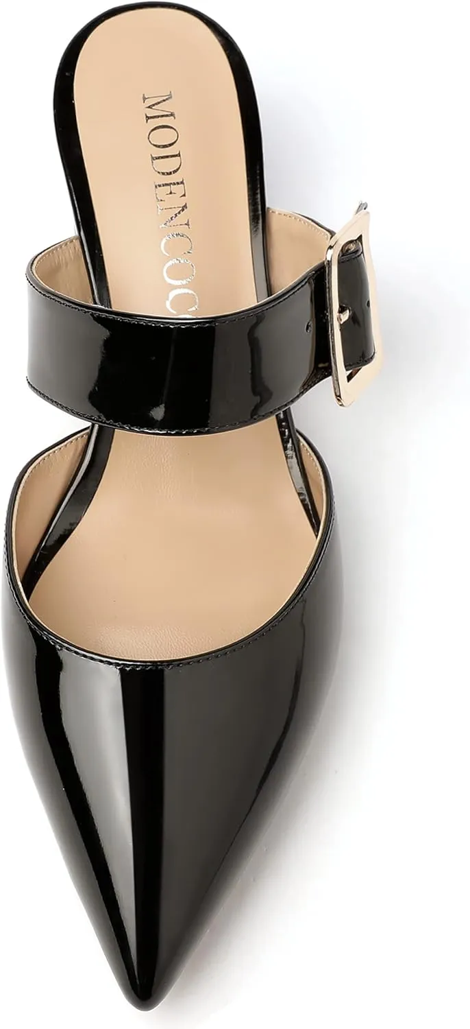 MODENCOCO Women's Patent Strap Pointed Toe Block High Heel Pumps Heeled Slide Sandals Shoes 3.5 Inch
