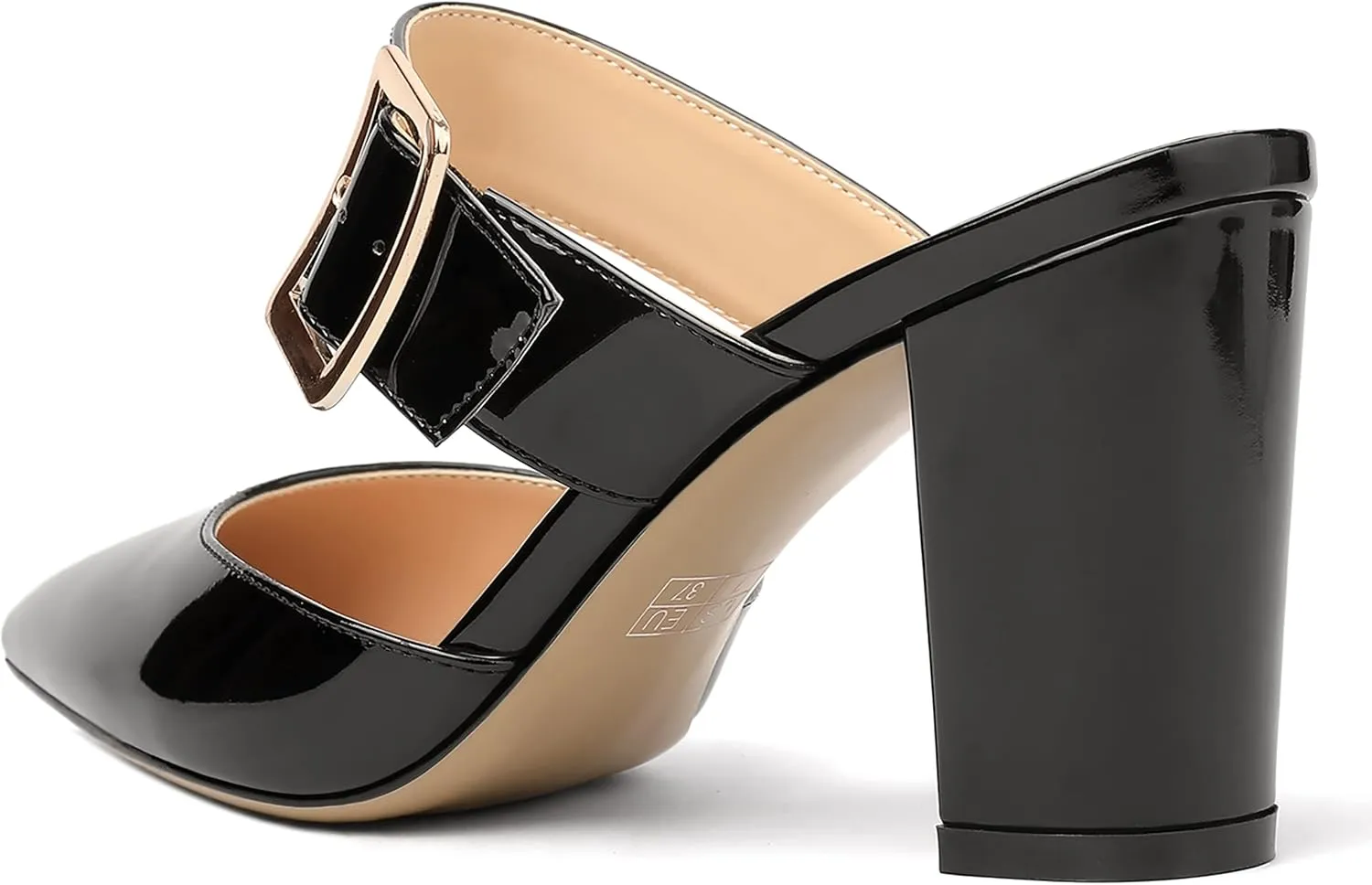 MODENCOCO Women's Patent Strap Pointed Toe Block High Heel Pumps Heeled Slide Sandals Shoes 3.5 Inch