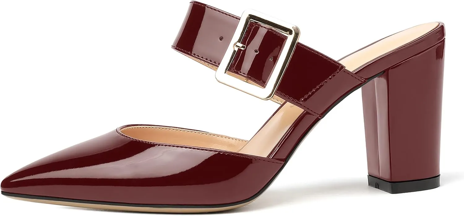 MODENCOCO Women's Patent Strap Pointed Toe Block High Heel Pumps Heeled Slide Sandals Shoes 3.5 Inch