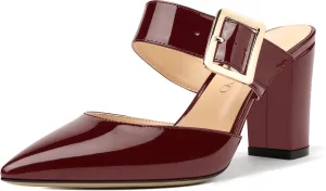 MODENCOCO Women's Patent Strap Pointed Toe Block High Heel Pumps Heeled Slide Sandals Shoes 3.5 Inch