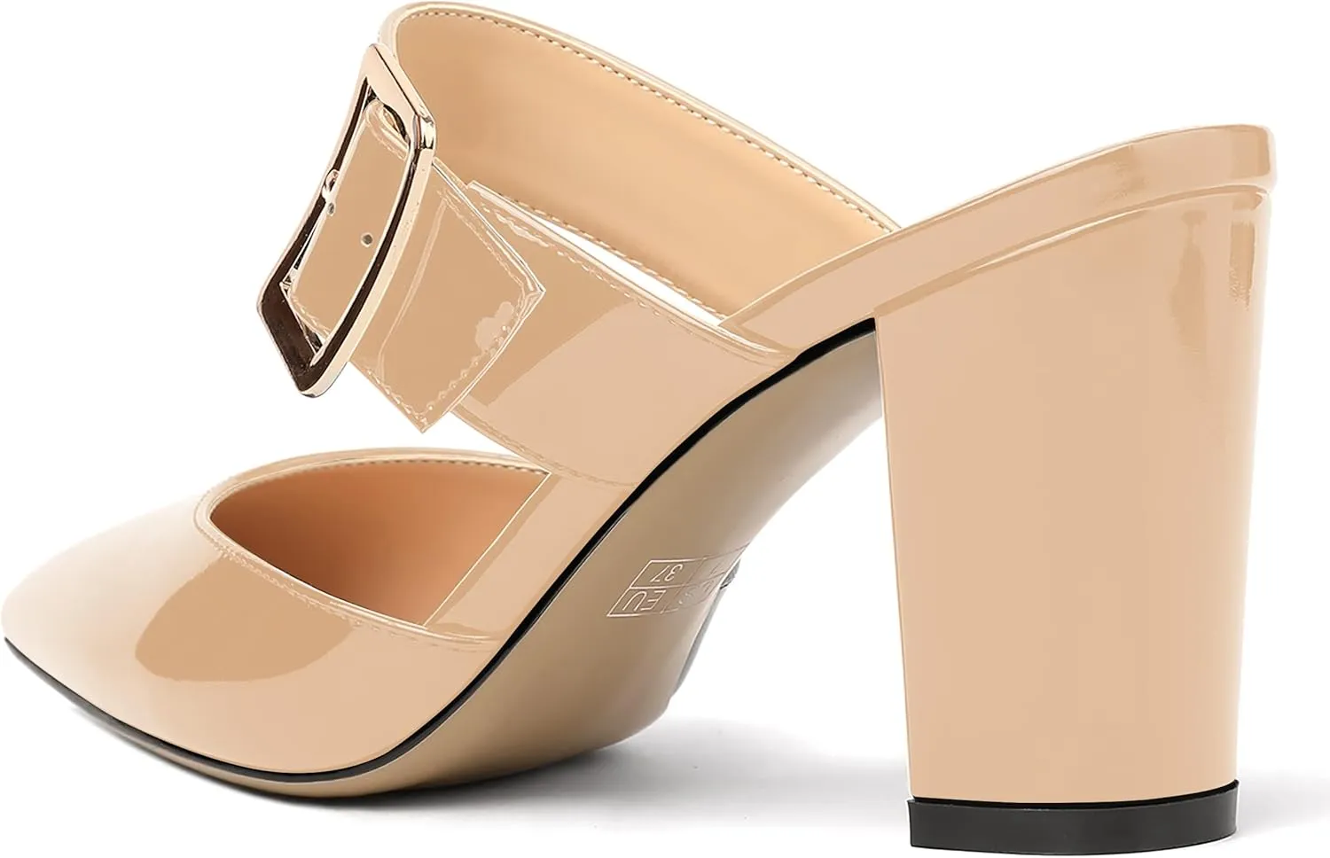 MODENCOCO Women's Patent Strap Pointed Toe Block High Heel Pumps Heeled Slide Sandals Shoes 3.5 Inch