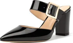 MODENCOCO Women's Patent Strap Pointed Toe Block High Heel Pumps Heeled Slide Sandals Shoes 3.5 Inch