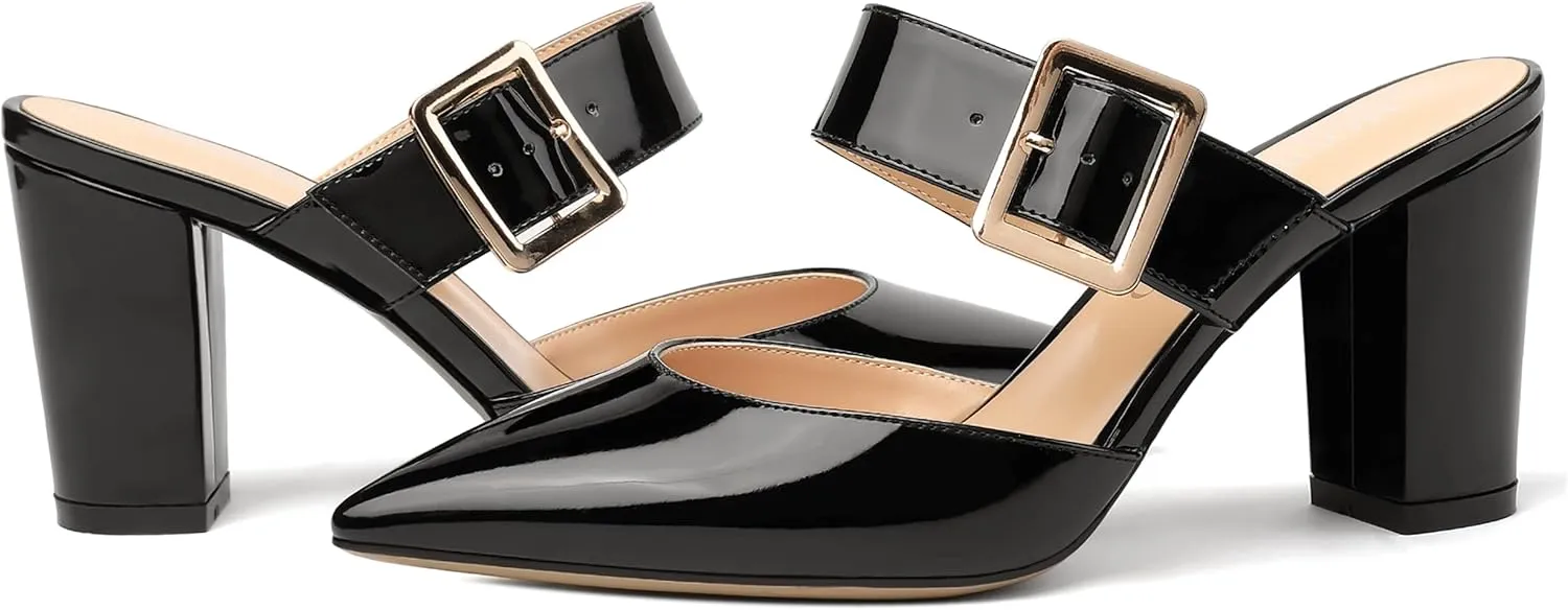 MODENCOCO Women's Patent Strap Pointed Toe Block High Heel Pumps Heeled Slide Sandals Shoes 3.5 Inch