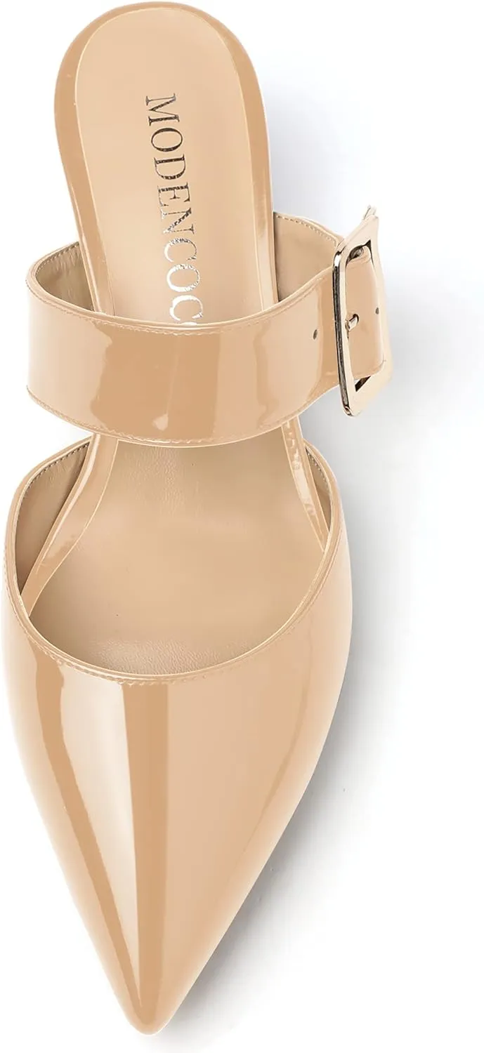 MODENCOCO Women's Patent Strap Pointed Toe Block High Heel Pumps Heeled Slide Sandals Shoes 3.5 Inch