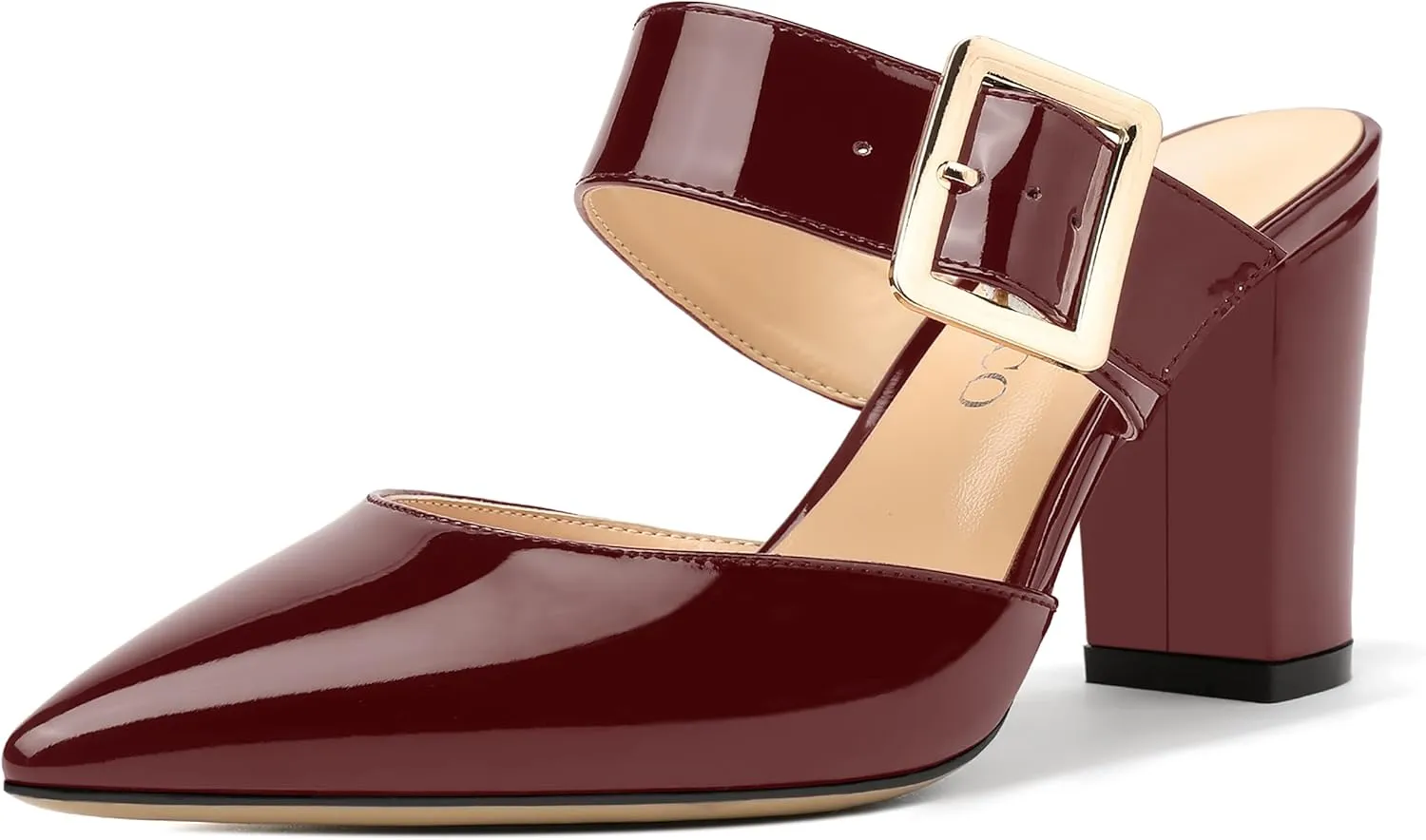 MODENCOCO Women's Patent Strap Pointed Toe Block High Heel Pumps Heeled Slide Sandals Shoes 3.5 Inch