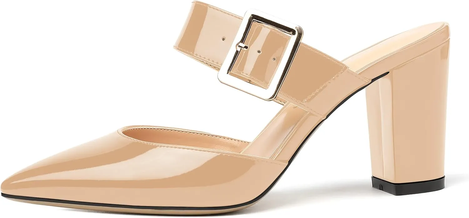 MODENCOCO Women's Patent Strap Pointed Toe Block High Heel Pumps Heeled Slide Sandals Shoes 3.5 Inch