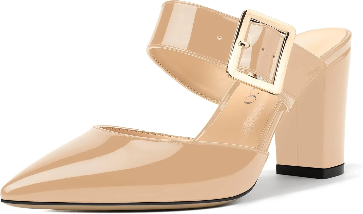 MODENCOCO Women's Patent Strap Pointed Toe Block High Heel Pumps Heeled Slide Sandals Shoes 3.5 Inch