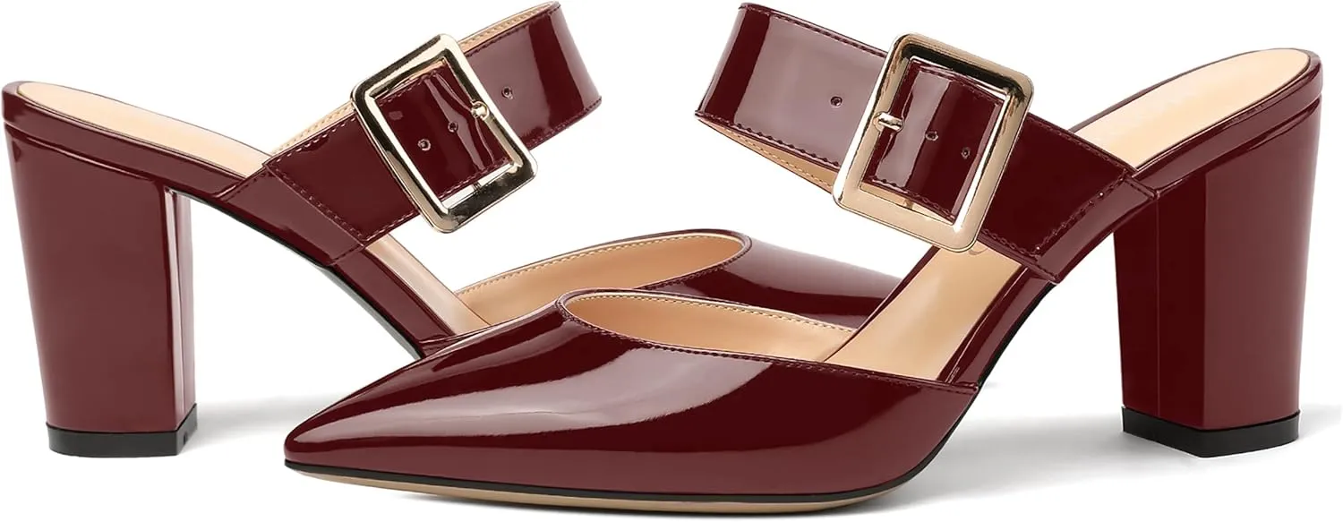 MODENCOCO Women's Patent Strap Pointed Toe Block High Heel Pumps Heeled Slide Sandals Shoes 3.5 Inch
