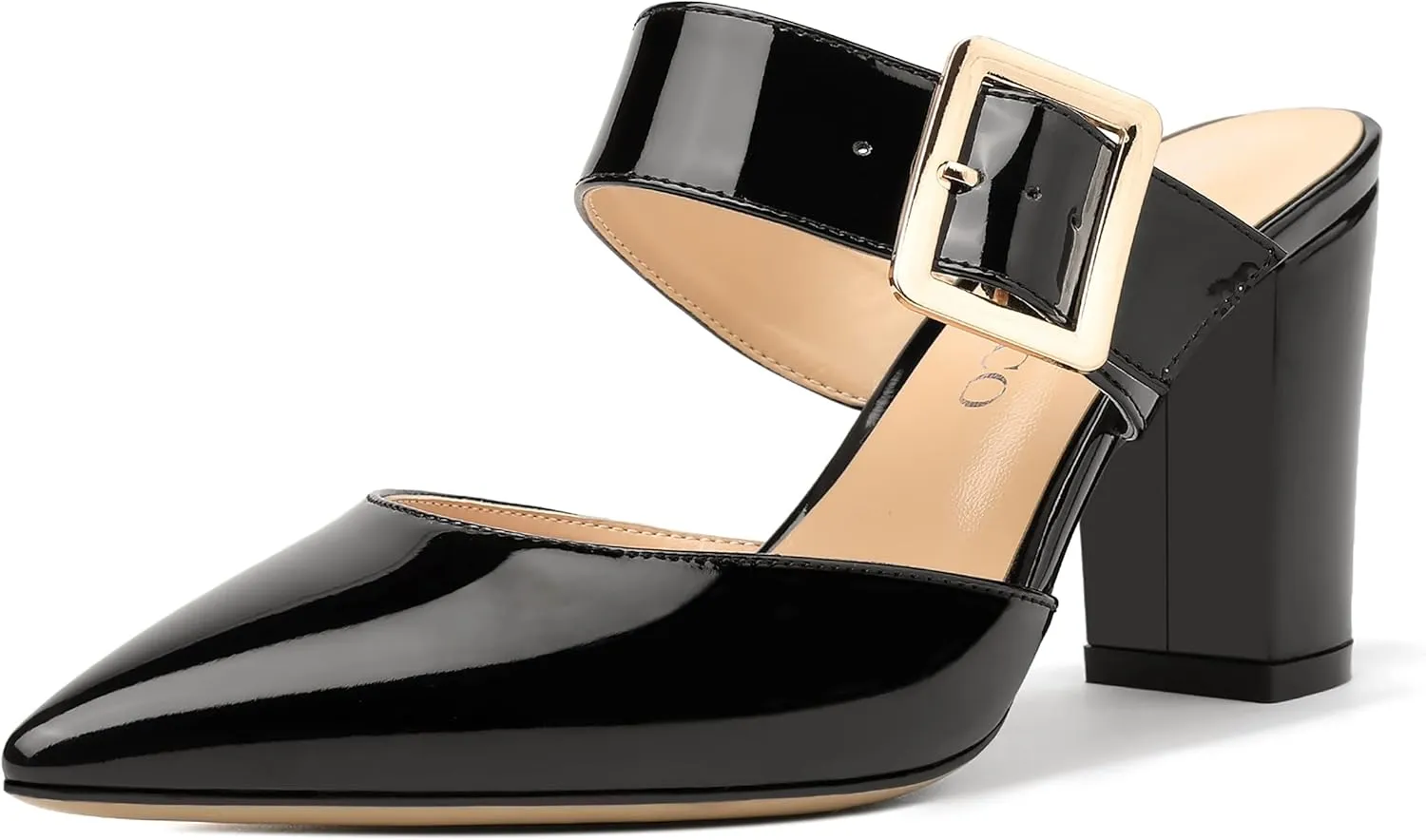 MODENCOCO Women's Patent Strap Pointed Toe Block High Heel Pumps Heeled Slide Sandals Shoes 3.5 Inch