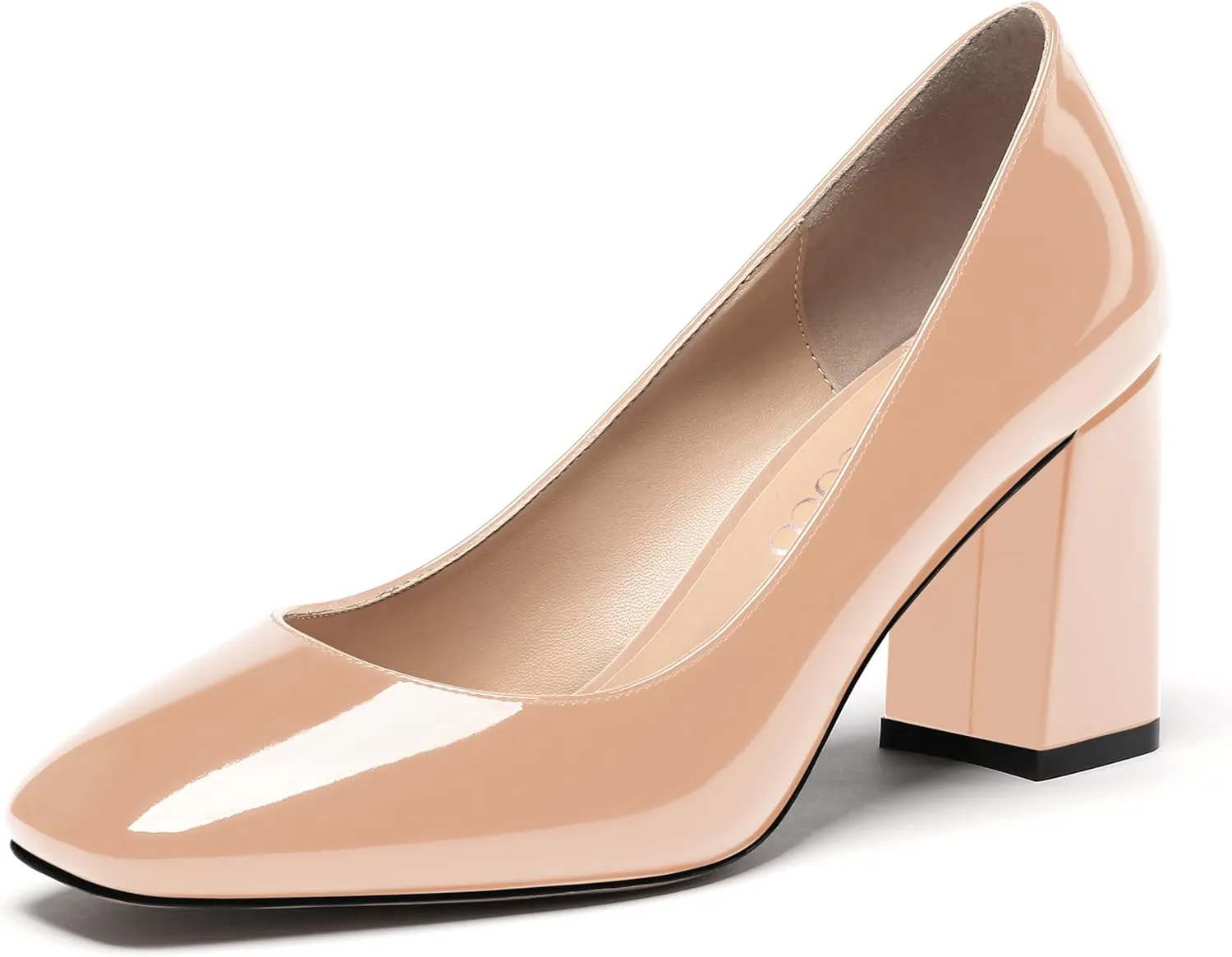 MODENCOCO Women's Thick Square Toe Patent Slip On Solid Block High Heel Pumps Shoes 3 Inch