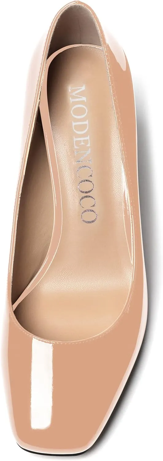 MODENCOCO Women's Thick Square Toe Patent Slip On Solid Block High Heel Pumps Shoes 3 Inch