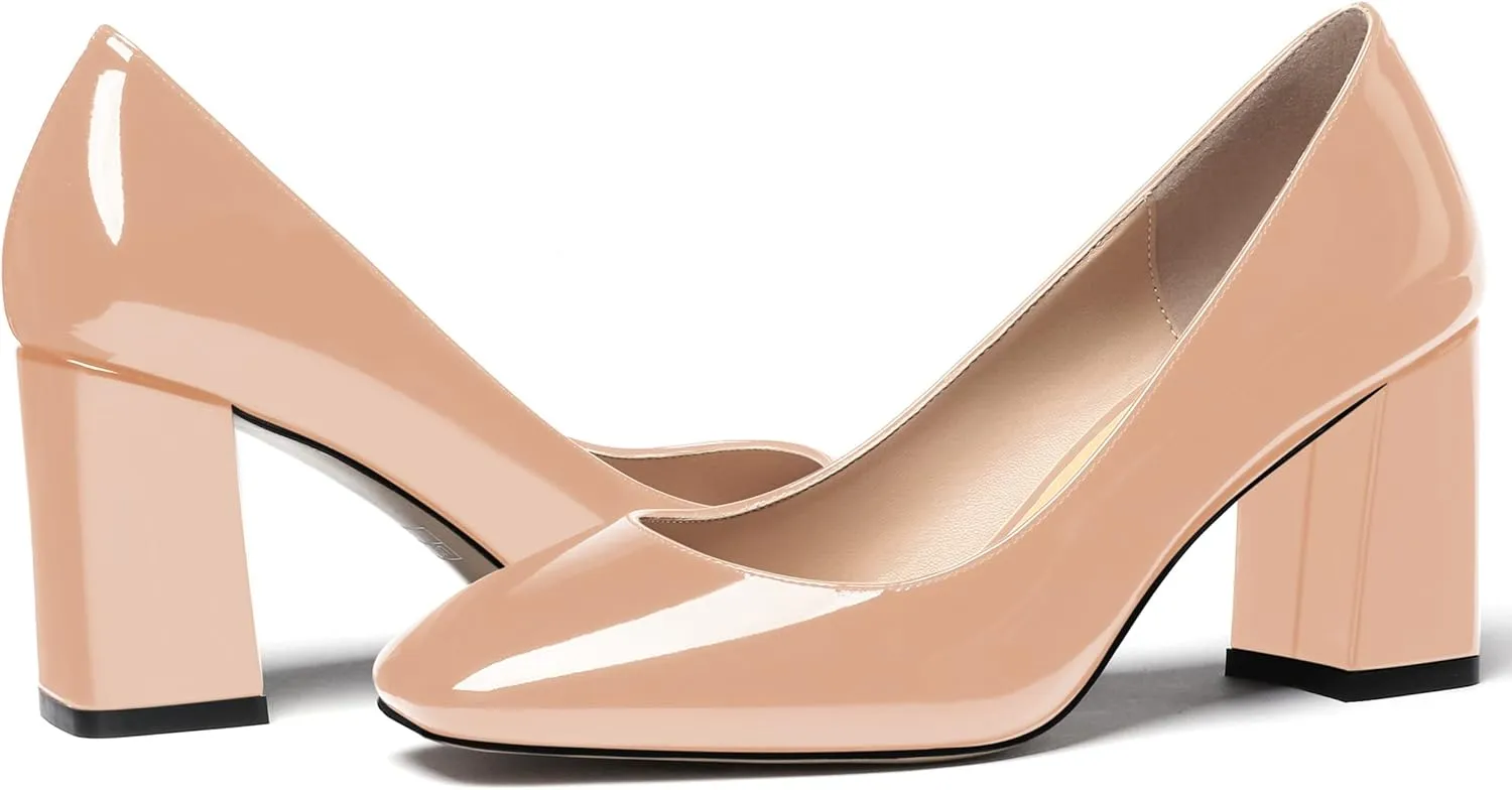 MODENCOCO Women's Thick Square Toe Patent Slip On Solid Block High Heel Pumps Shoes 3 Inch