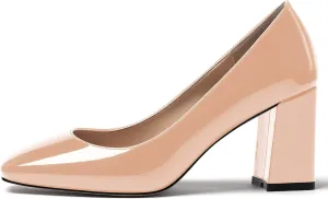MODENCOCO Women's Thick Square Toe Patent Slip On Solid Block High Heel Pumps Shoes 3 Inch