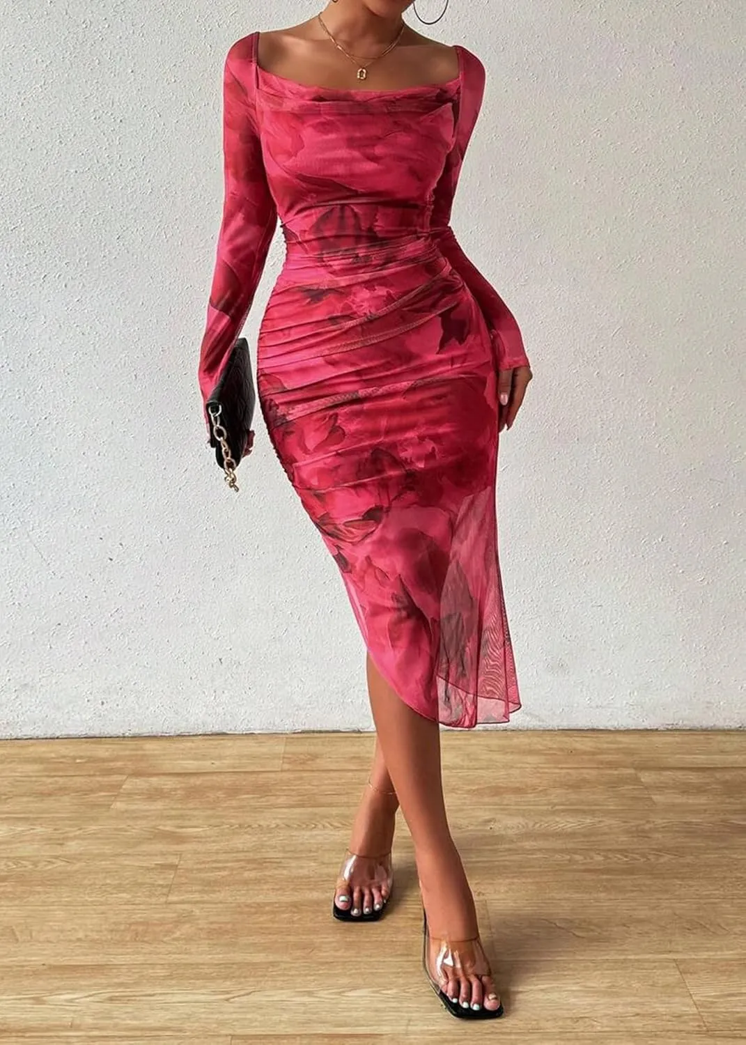 MOEENCN Women's Sexy Bodycon Midi Dress Birthday Outfits Sheer Mesh High Neck Ruched Date Night Club Party Dresses