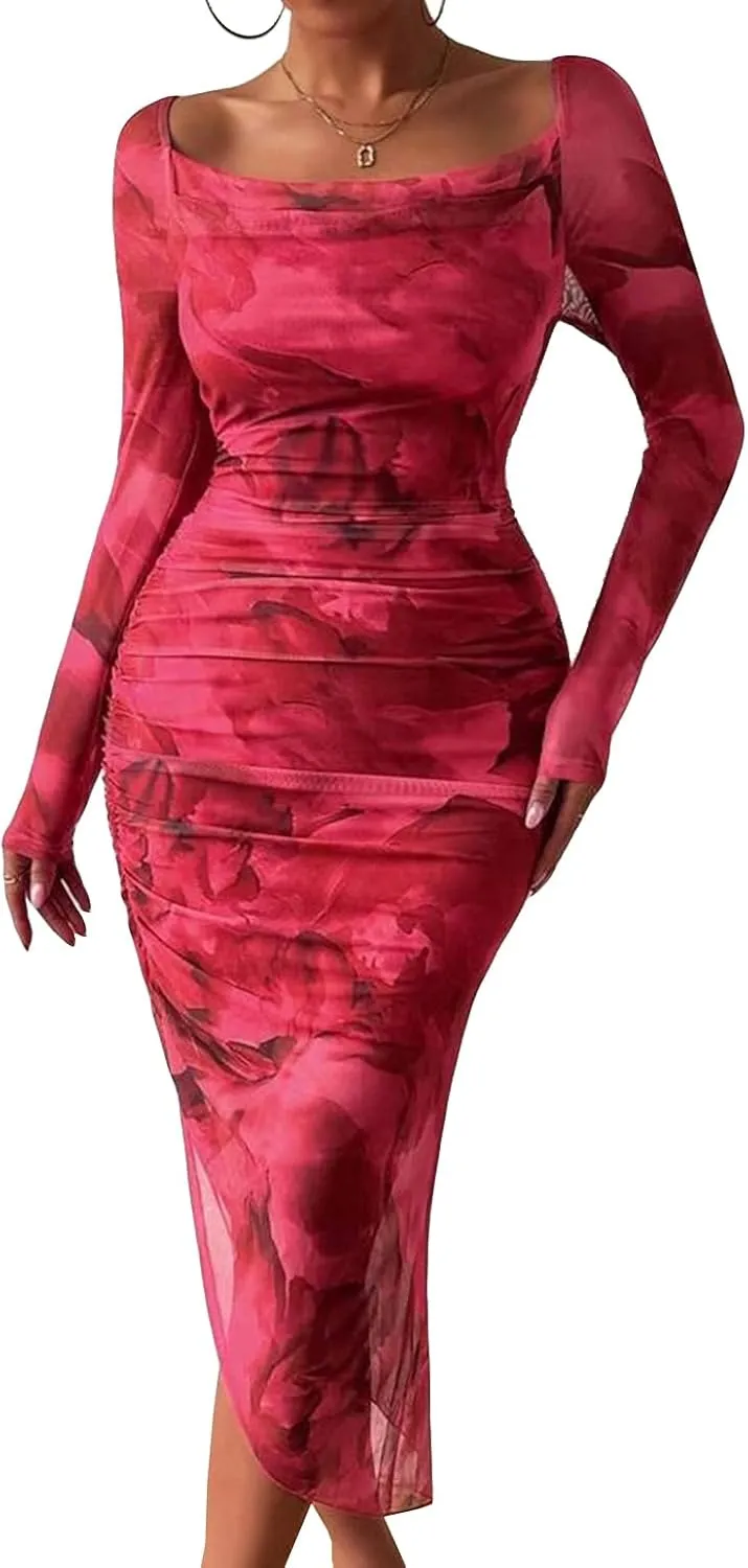 MOEENCN Women's Sexy Bodycon Midi Dress Birthday Outfits Sheer Mesh High Neck Ruched Date Night Club Party Dresses