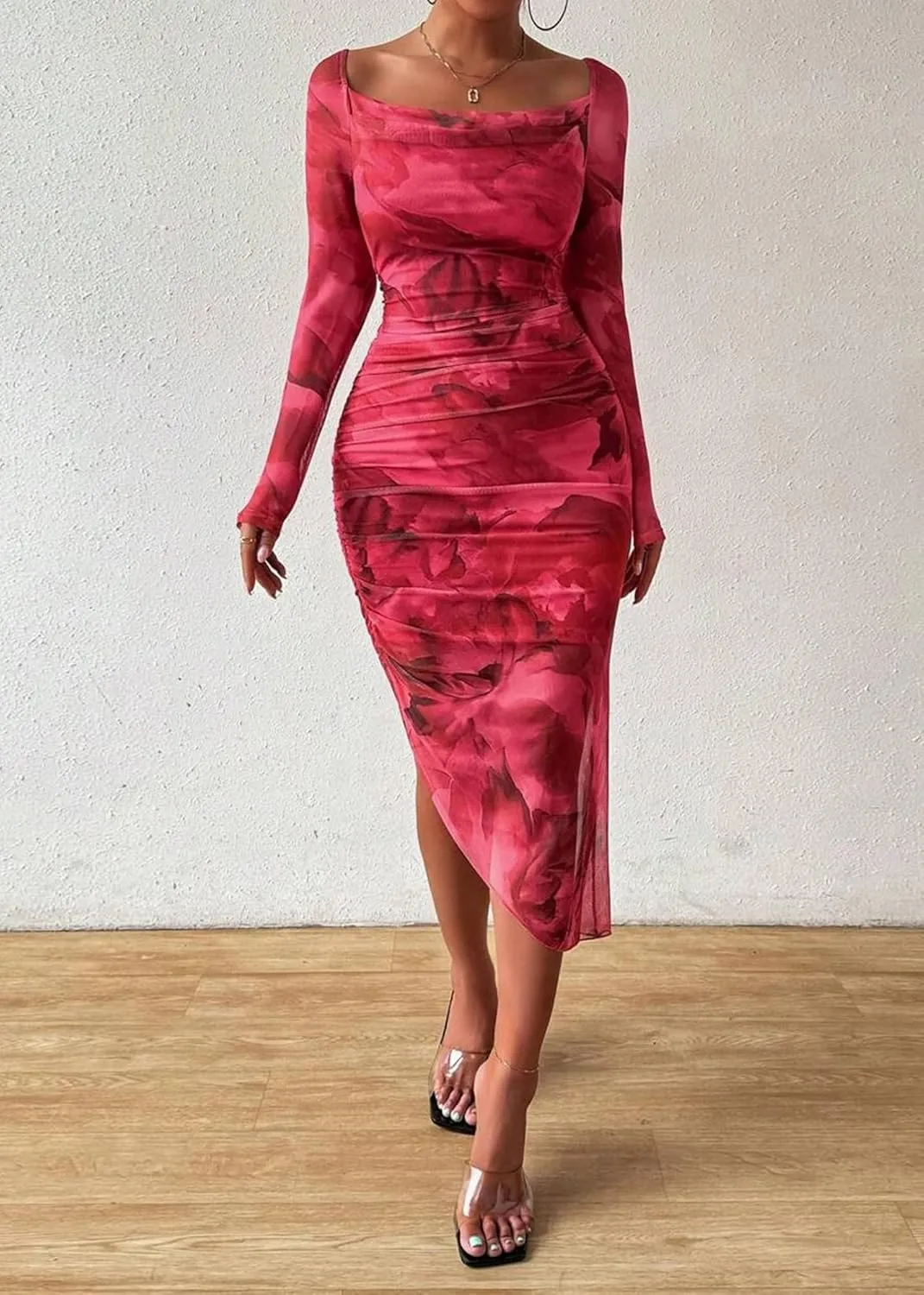MOEENCN Women's Sexy Bodycon Midi Dress Birthday Outfits Sheer Mesh High Neck Ruched Date Night Club Party Dresses