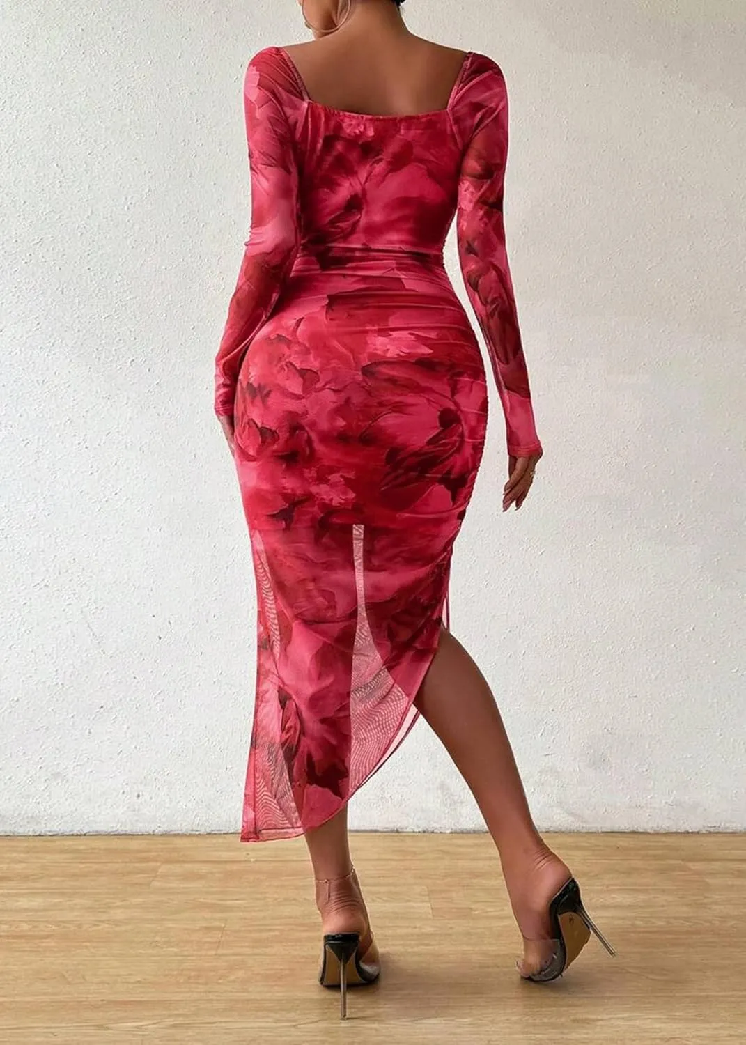 MOEENCN Women's Sexy Bodycon Midi Dress Birthday Outfits Sheer Mesh High Neck Ruched Date Night Club Party Dresses