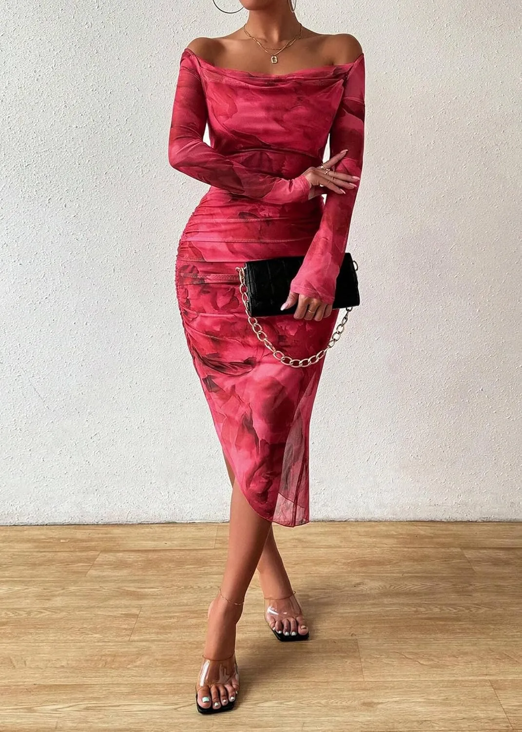 MOEENCN Women's Sexy Bodycon Midi Dress Birthday Outfits Sheer Mesh High Neck Ruched Date Night Club Party Dresses