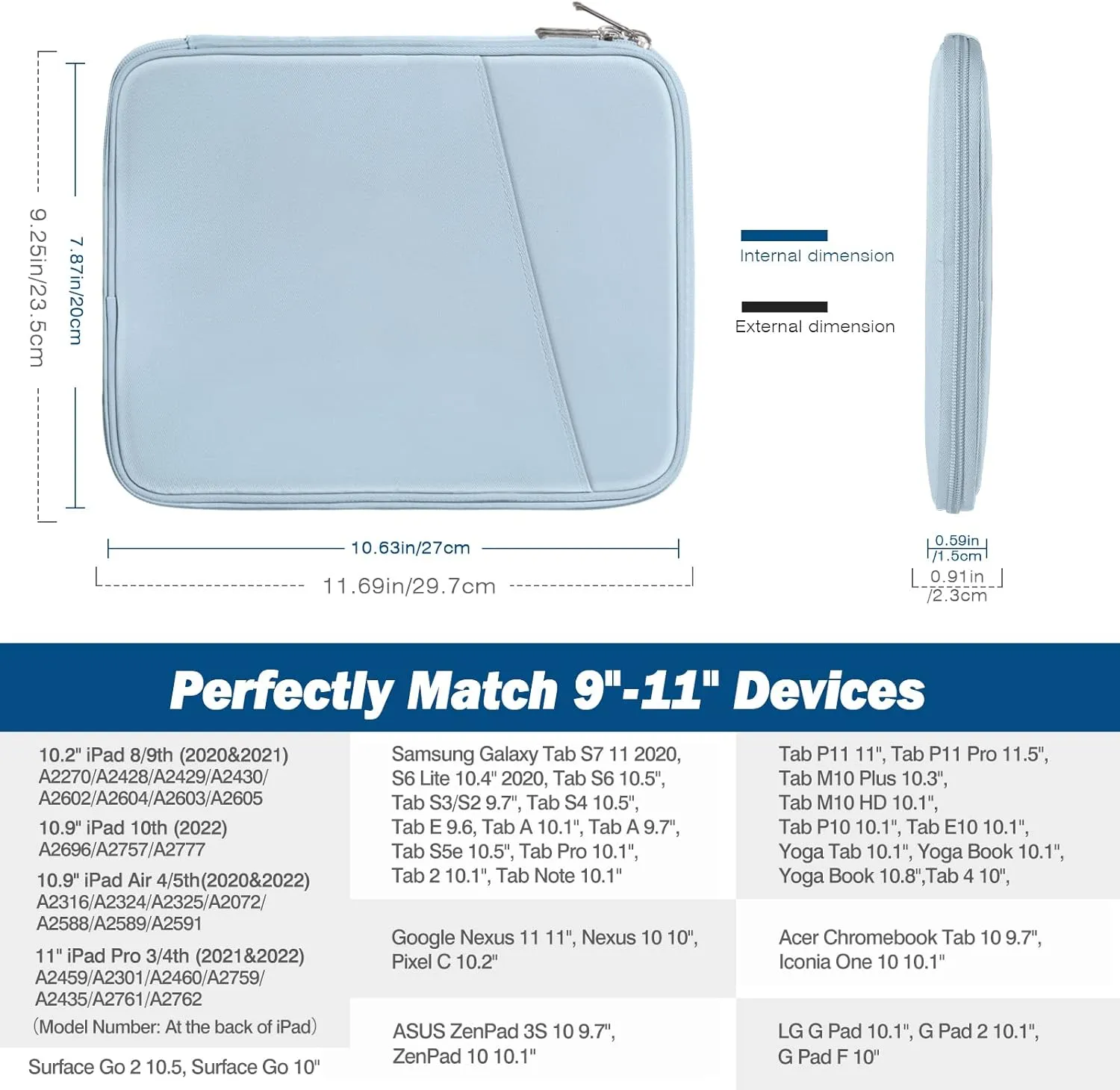 MoKo 9-11 Inch Tablet Sleeve Case, Fits 11inch iPad Air M3, iPad A16 2025, Pro 11 M4, iPad 10/9/8/7th, Galaxy Tab S9/S8/A8/A7, Protective Bag Carrying Case with Pocket, Misty Blue