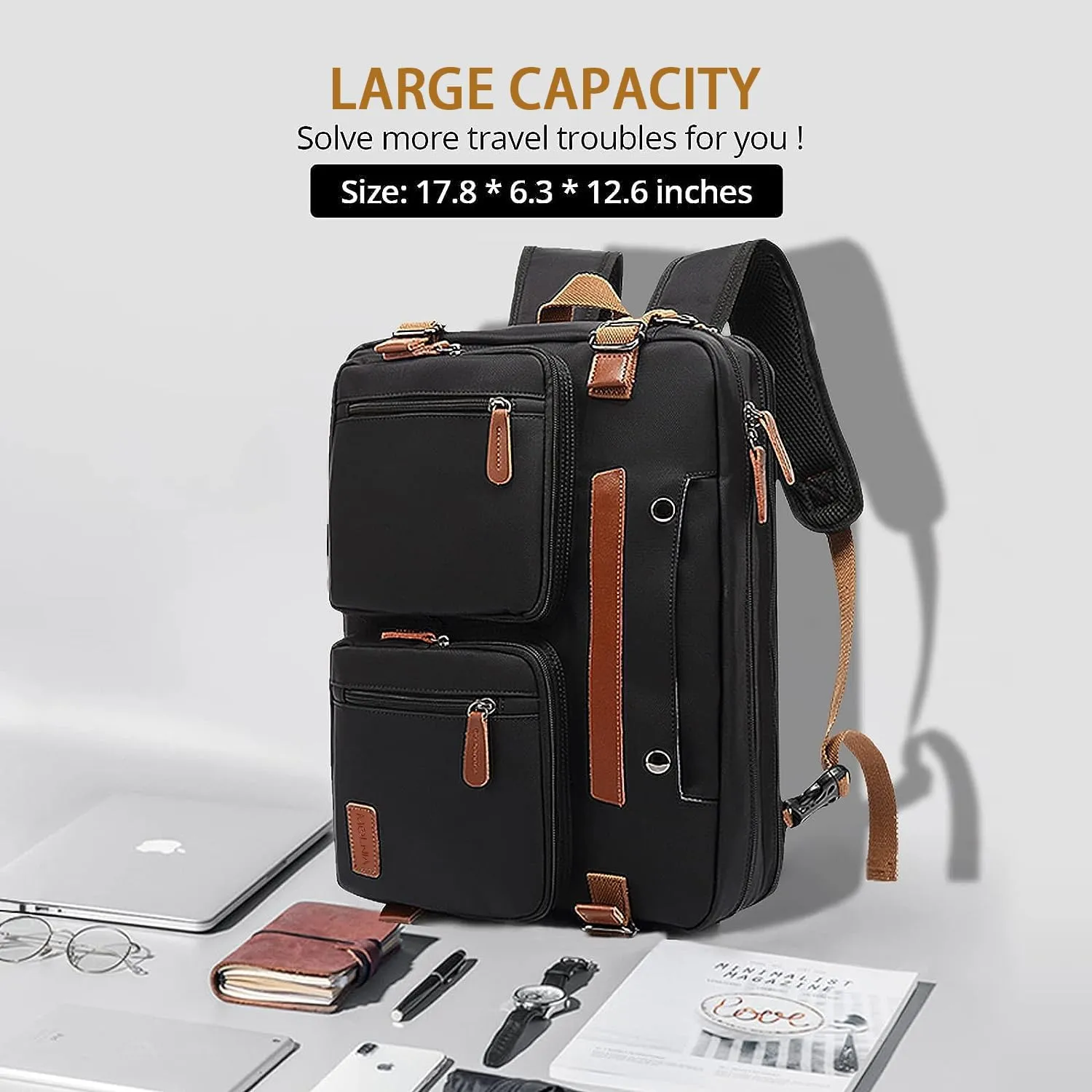 MOLNIA 3 in 1 Laptop Bag for Men, 17.3 Inch Work Bags for Men, Laptop Backpack, Briefcases, Messenger Bag, Computer Bags for Laptops for Men Women, Black