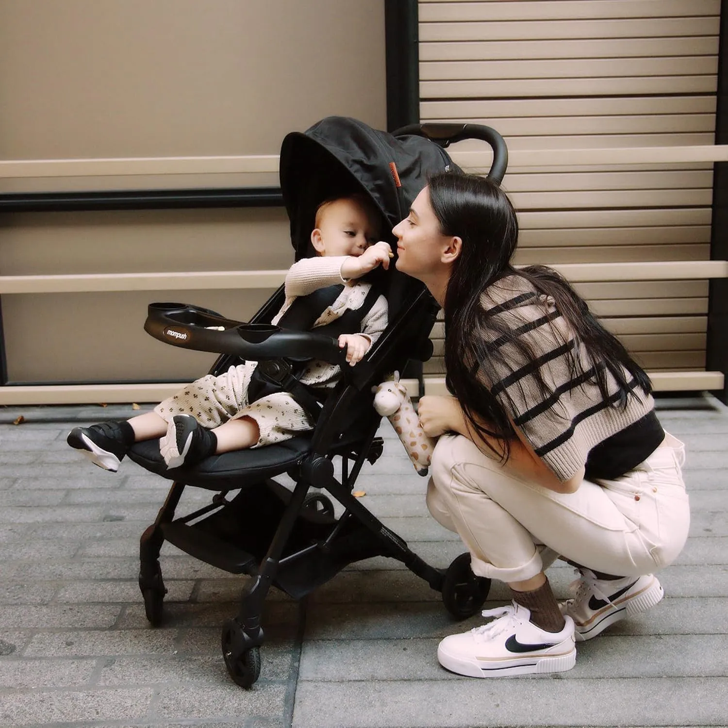 Mompush Lithe V2 Lightweight Stroller with Snack Tray, Ultra-Compact Fold & Airplane Ready Travel Stroller, Near Flat Recline Seat, Cup Holder, Raincover & Travelbag Included