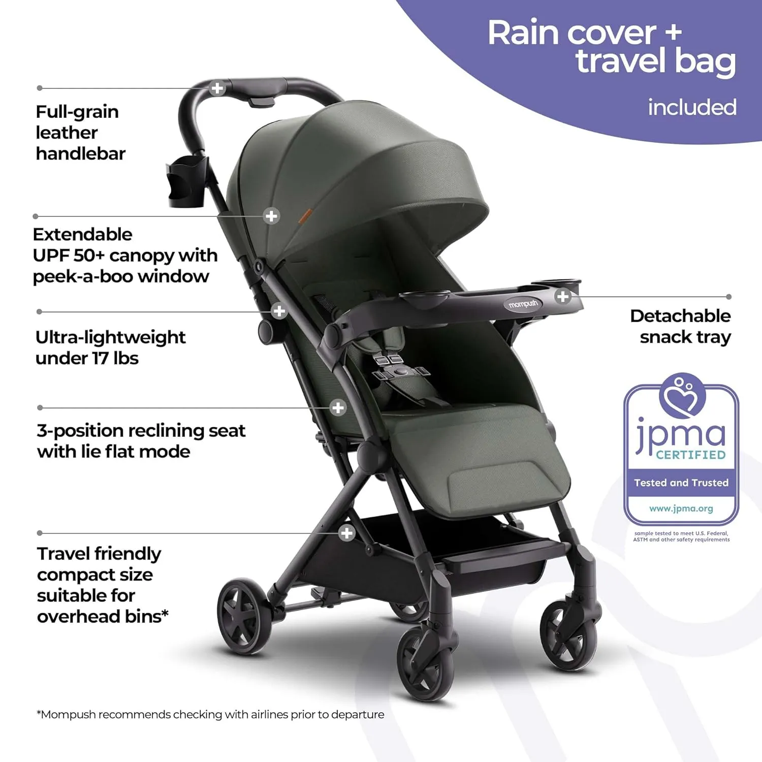 Mompush Lithe V2 Lightweight Stroller with Snack Tray, Ultra-Compact Fold & Airplane Ready Travel Stroller, Near Flat Recline Seat, Cup Holder, Raincover & Travelbag Included