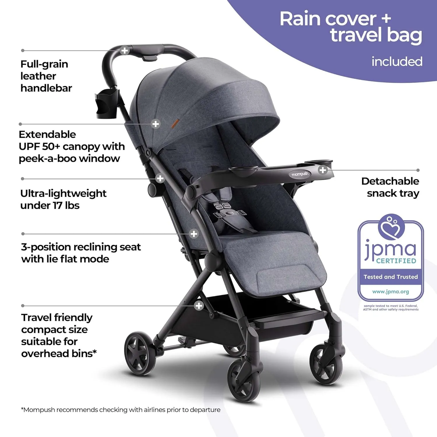 Mompush Lithe V2 Lightweight Stroller with Snack Tray, Ultra-Compact Fold & Airplane Ready Travel Stroller, Near Flat Recline Seat, Cup Holder, Raincover & Travelbag Included