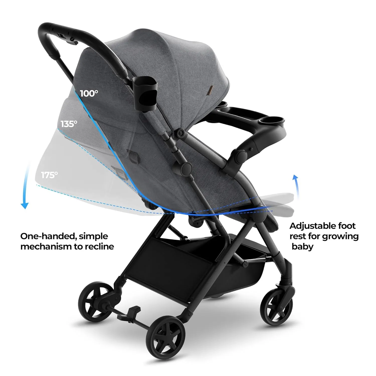 Mompush Lithe V2 Lightweight Stroller with Snack Tray, Ultra-Compact Fold & Airplane Ready Travel Stroller, Near Flat Recline Seat, Cup Holder, Raincover & Travelbag Included