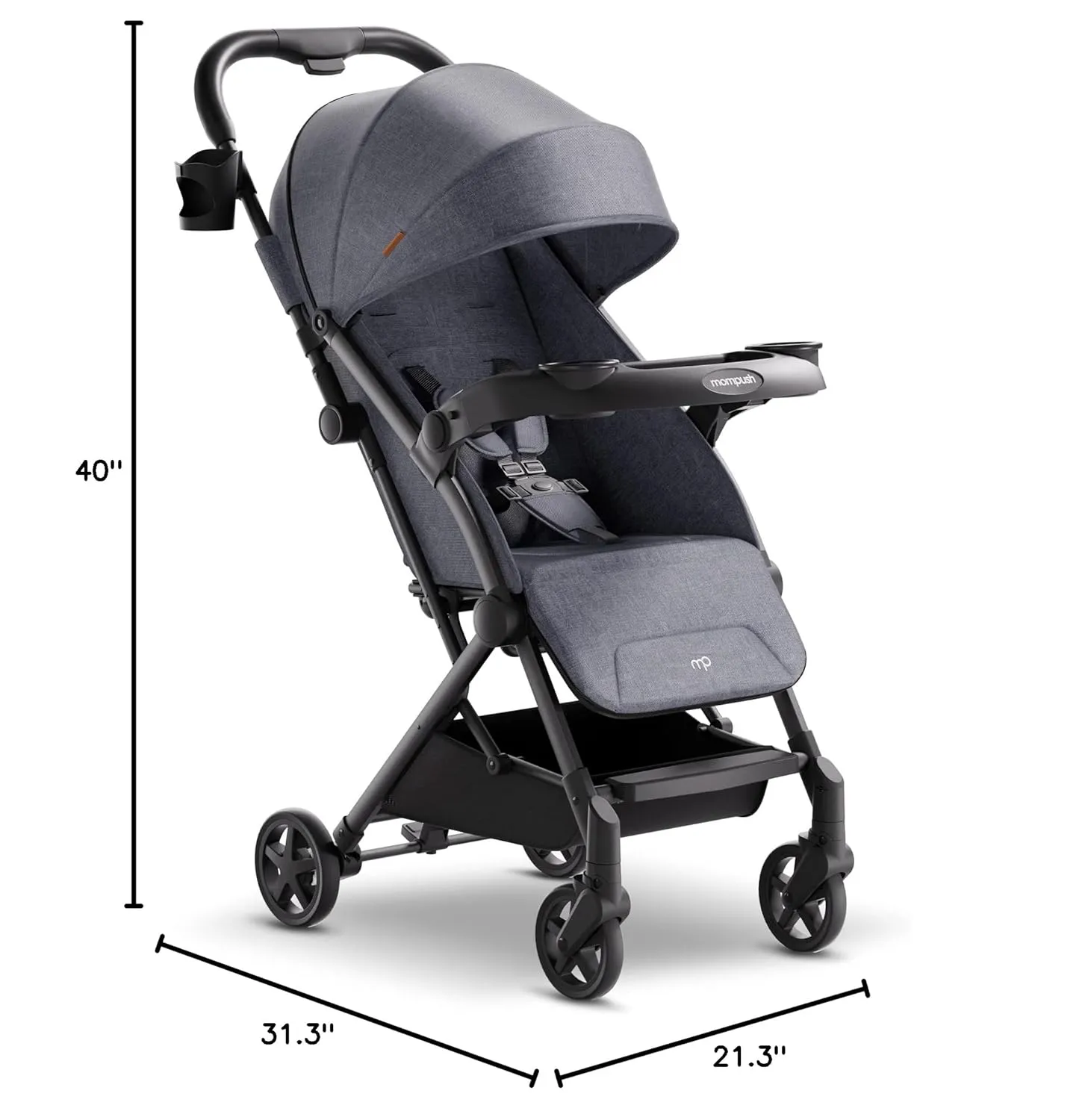 Mompush Lithe V2 Lightweight Stroller with Snack Tray, Ultra-Compact Fold & Airplane Ready Travel Stroller, Near Flat Recline Seat, Cup Holder, Raincover & Travelbag Included