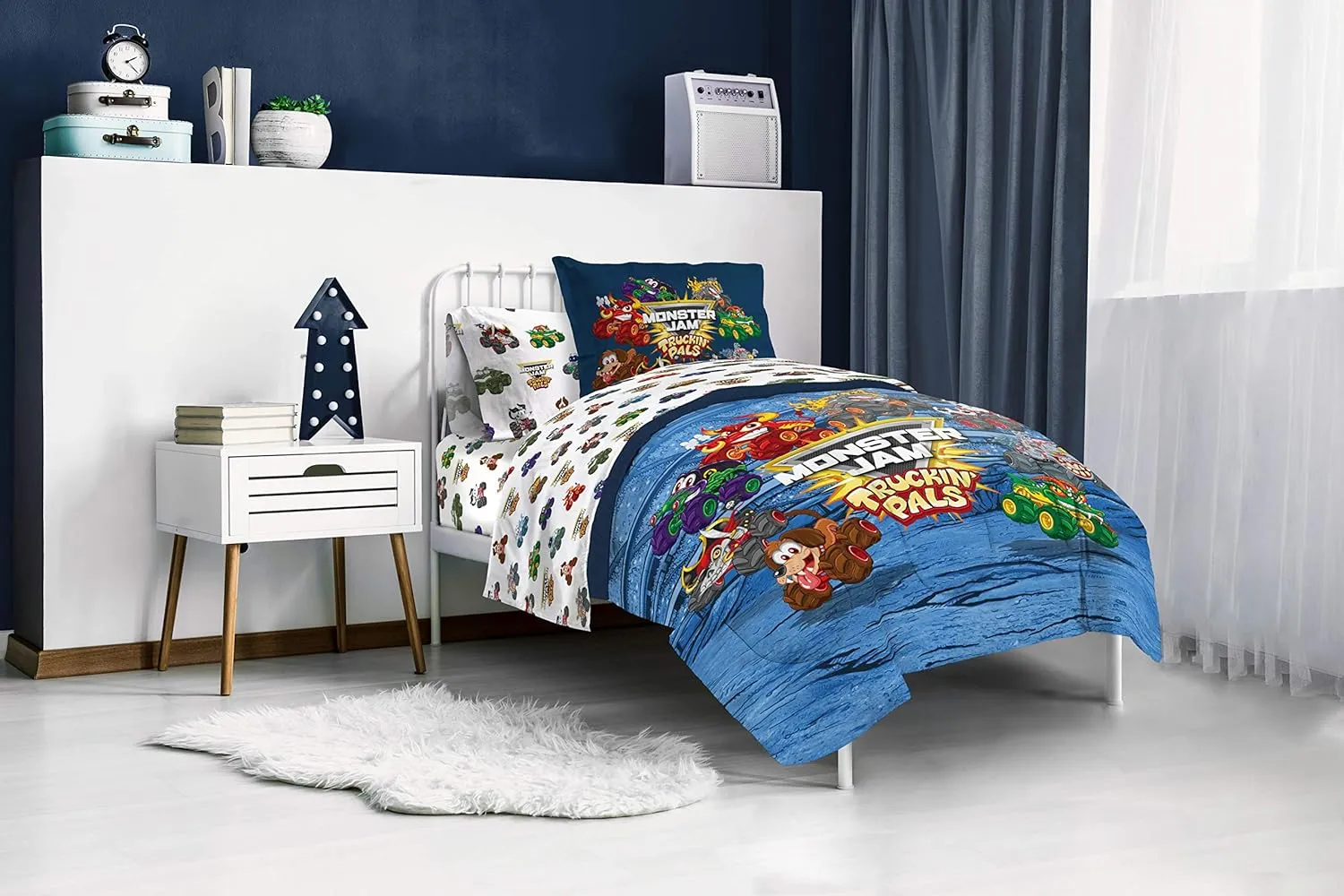 Monster Jam Truckin Pals 5 Piece Twin Bed Set - Includes Comforter & Sheet Set - Bedding Features Grave Digger & Megalodon - Super Soft Fade Resistant Microfiber (Official Monster Jam Product)