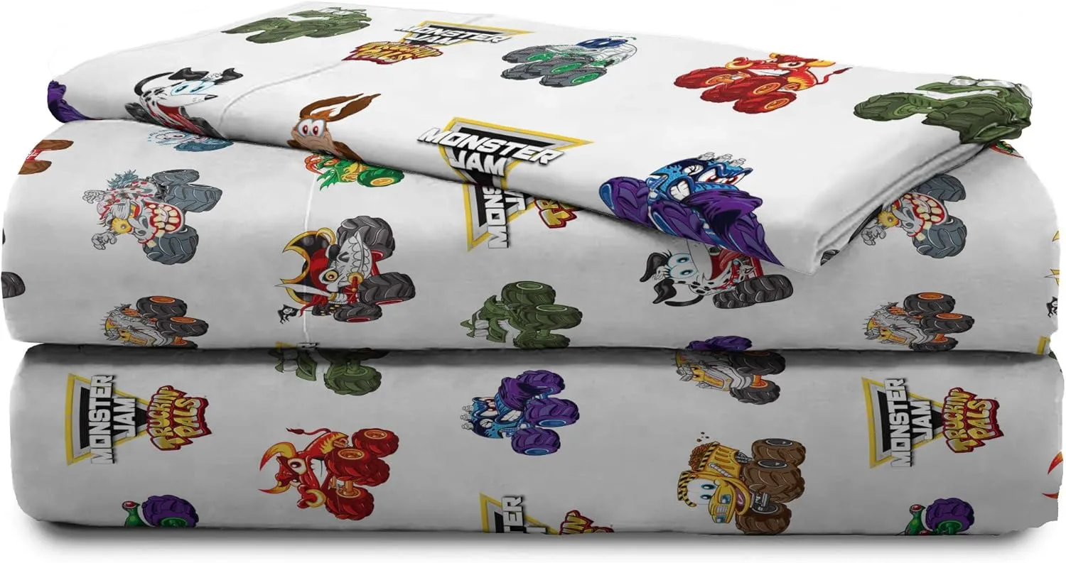 Monster Jam Truckin Pals 5 Piece Twin Bed Set - Includes Comforter & Sheet Set - Bedding Features Grave Digger & Megalodon - Super Soft Fade Resistant Microfiber (Official Monster Jam Product)