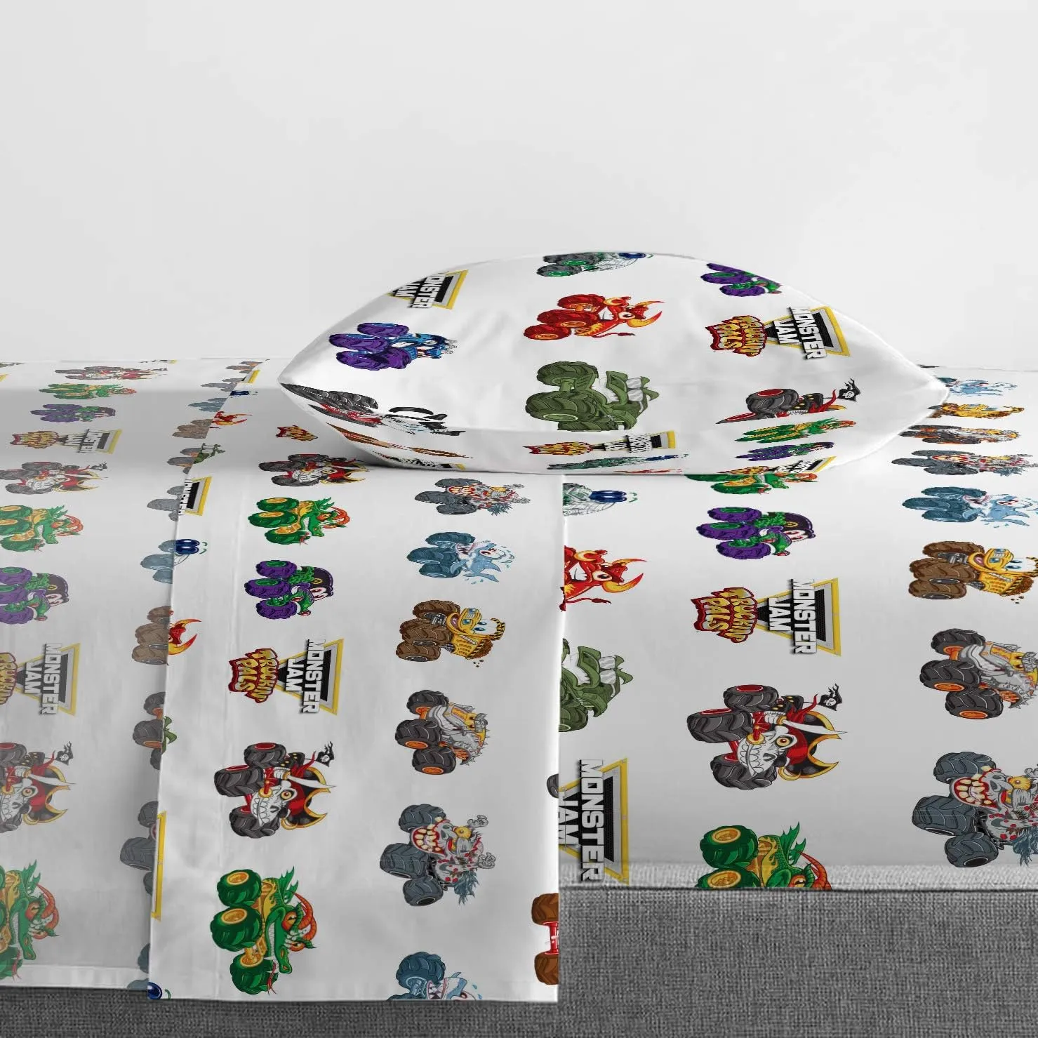 Monster Jam Truckin Pals 5 Piece Twin Bed Set - Includes Comforter & Sheet Set - Bedding Features Grave Digger & Megalodon - Super Soft Fade Resistant Microfiber (Official Monster Jam Product)