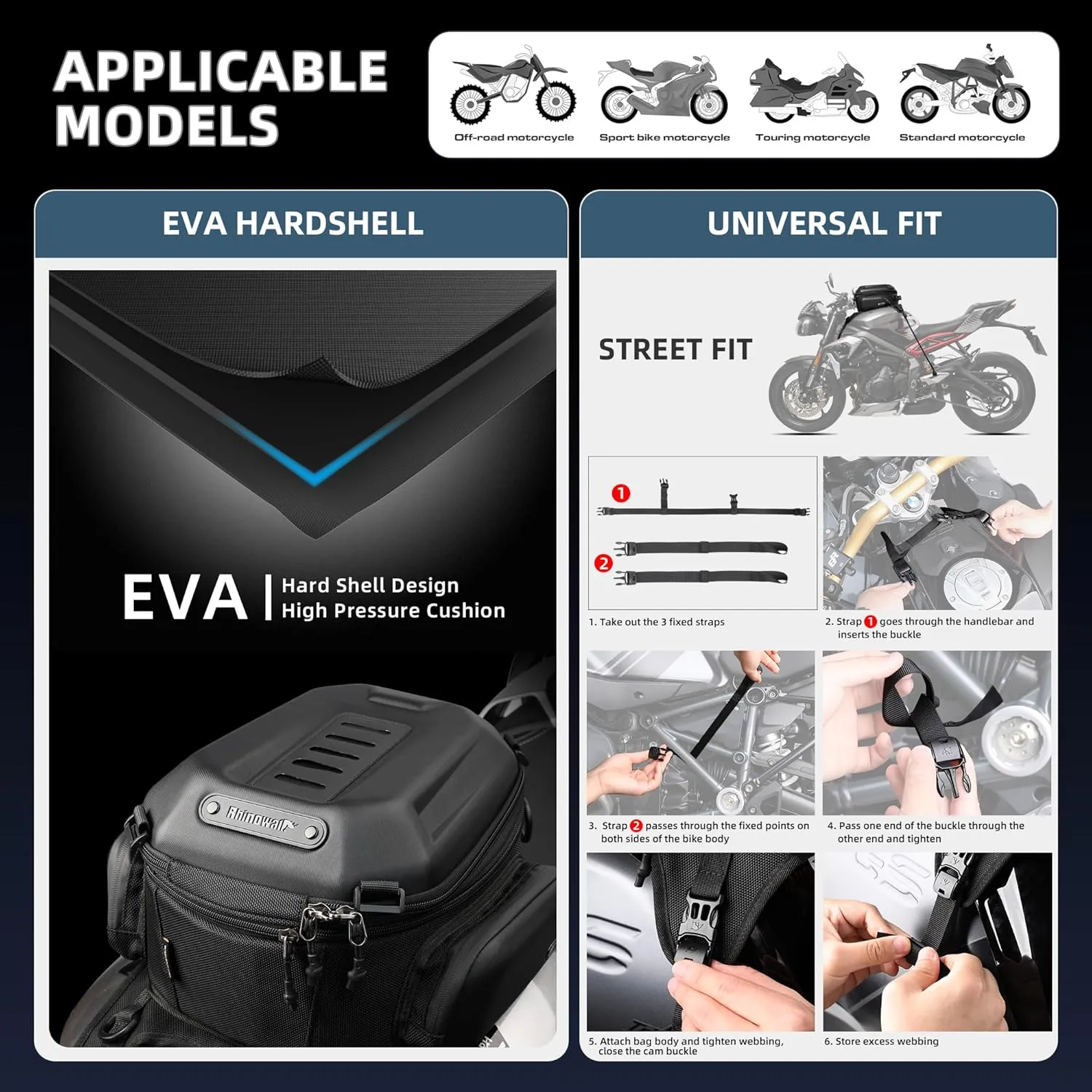 Motorcycle Tank Bag Waterproof Backpack Hard-shell Expandable Motorcycle Bags 15-18L Carbon Fiber Black