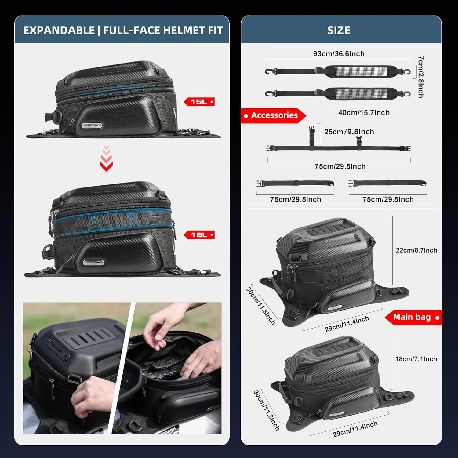 Motorcycle Tank Bag Waterproof Backpack Hard-shell Expandable Motorcycle Bags 15-18L Carbon Fiber Black